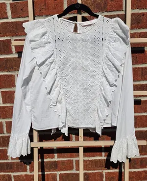 Zara White Eyelet Cotton Peasant Blouse Long Sleeved Small thumbnail 1