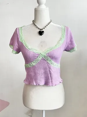 Purple Lace Trim Babydoll Top Coquette Fairycore Soft Girl‎ Y2K Romantic Small thumbnail 1