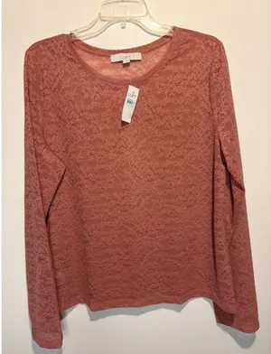 Loft NWT mauve pink full floral lace sheer long sleeve blouse Size XL thumbnail 1