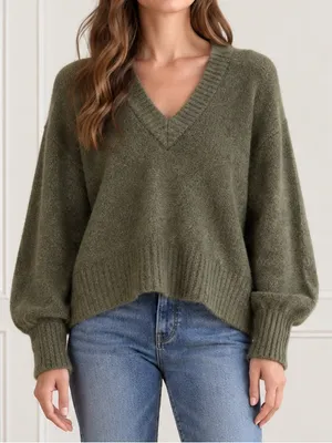 Elan Olive Green Wool Fox Blend Sweater Medium V Neck Balloon Sleeve Oversized thumbnail 1