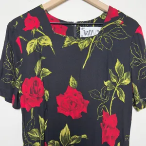VTG 90s WNY Women Indie Fairy Grunge Maxi‎ Dress Medium Black Roses Short Sleeve thumbnail 2
