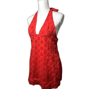 Free People Embroidered Halter 100% Cotton Red Trevi Eyelet Mini Dress Sz L NWT thumbnail 4