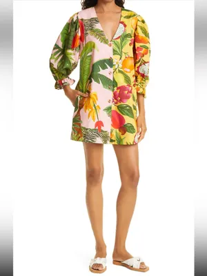 Farm Rio 100% Cotton Tropical Fruit Print V-Neck Mini Dress - Pink Yellow Sz XS thumbnail 2