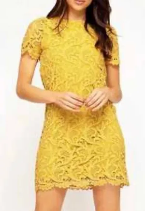 She + Sky‎ Crochet Mini Dress Large Mustard Yellow Floral Lace Shift Boho Retro thumbnail 1