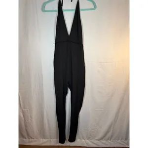 Womens Black Halter Jumpsuit S Deep V Open Back Ruched Straight Leg 28 unbranded thumbnail 3