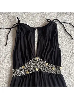 Black Embellished Empire Waist Dress Beaded Tiered Skirt with Tie Straps thumbnail 8