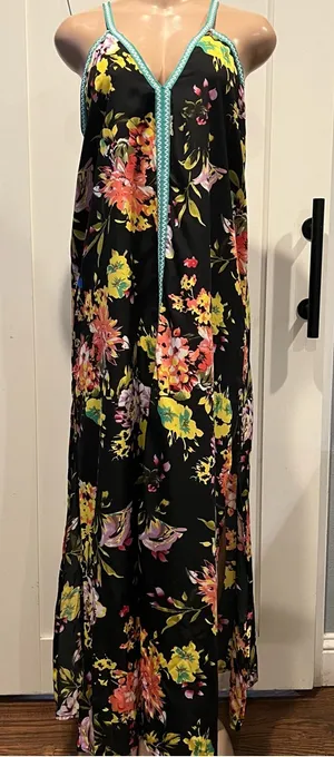 Floral sheer swim coverup Maxi Dress w/embroidery Trim size L high side slits thumbnail 1