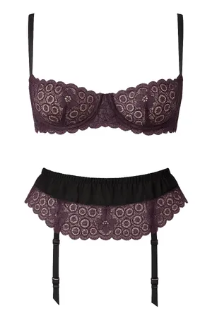 Vintage ESCANTE 2 pc lingerie set balconette bra garter belt purple lace small s thumbnail 1