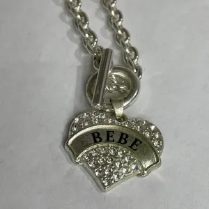 Bebe Necklace Glass Crystal Rhinestone Cast Silver Tone Chunky Heart Pendant 16” thumbnail 3