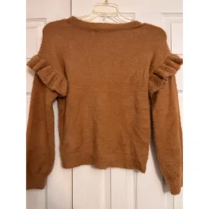 Francesca's‎ Brown Fuzzy Eyelash Knit Ruffle Shoulder Sweater NWT Small thumbnail 4