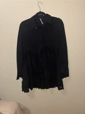 Free People Black Embroidered tunic Dress boho lace trim button front XS thumbnail 4