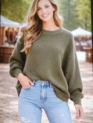 Aerie Oversized Olive Green Ribbed Knit Cotton Blend Baloon Sleeves Medium thumbnail 1