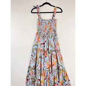 Poupette St Barth Dress Blue Midi Kleid Triny Floral Tank Tiered Smocked Boho XS thumbnail 9