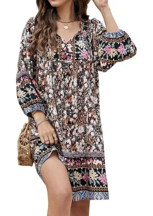 Bluetime Women's Boho 3/4 Sleeve Summer Babydoll Dress V-Neck Knee Length Large‎ thumbnail 1