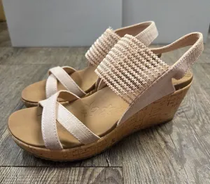 Skechers Beverlee-High Tea Luxe Foam Wedge Pink Brown Heels Sandals Shoes 6 thumbnail 1