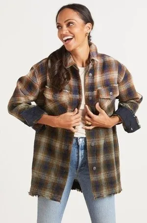 Free People Anneli Plaid Shirt Jacket Shacket Size Small Navy Tobacco thumbnail 1