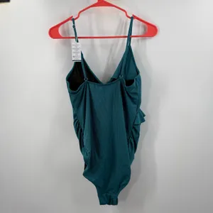 Summer Mae Maternity Swimsuit SZ Medium One Piece Teal Rib Ruffle V Neck NWT thumbnail 2
