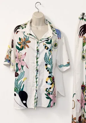 Tropical 2 Piece Set M Shirt Pants Drawstring Wide Leg NWOT thumbnail 1