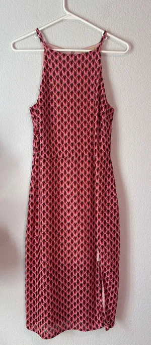 Knitted Halter-Neck Pink Patterned Midi Dress Medium thumbnail 1