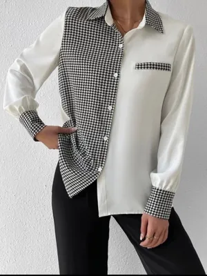 Shein Women's Two-Tone Houndstooth Contrast Button-Up Shirt - White/Black thumbnail 5