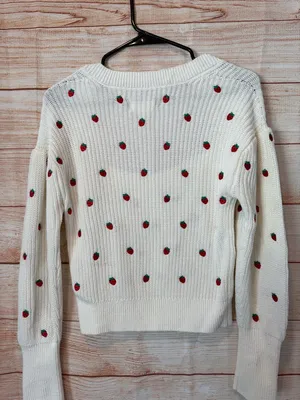 Maeve Cream Square-Neck Sweater with Red Strawberry Embroidery New no Tags thumbnail 3