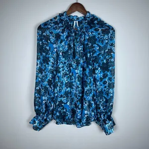 By Anthropologie Blouse Top Womens Large Blue Sheer Floral Boho Long Sleeve‎ Tie thumbnail 8