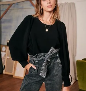 Sézane Bénédicte Blouse Black FR 34 US 2 Small‎ Boho Balloon Sleeve Crepe Top thumbnail 1