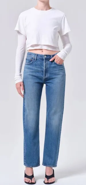 AGOLDE “Pinch Waist” high kick crop summer medium wash denim straight jeans $259 thumbnail 1