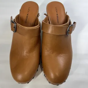 Lucky Brand Clog Heels Tan Leather Studded Braided Trim Slip-On Mule Sandals 7.5 thumbnail 2