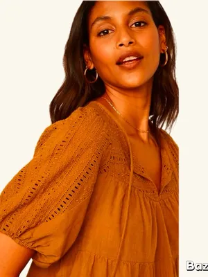 NWT Rust Colored V Neck Puff Sleeve Tiered Boho Peasant Blouse Brown Size M thumbnail 2