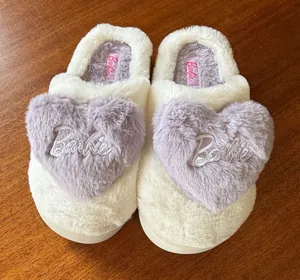 NWOT Barbie White and Purple Plush Faux Fur Heart Slip On Slippers Large 8-9 thumbnail 1