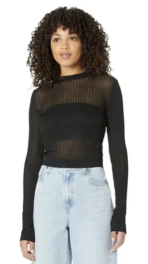 Free People Women's Sheer Mesh Open-Knit H20 Crew Pullover‎ Black Small thumbnail 1