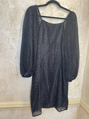 Du Paradis Black Velvet Dot Sheer Sleeve Square Neck Party Dress Size M thumbnail 4