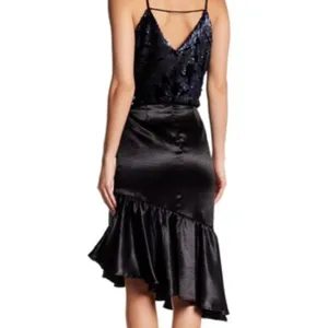 Ro & De Black Satin Asymmetrical Ruffle Midi Skirt NWT S thumbnail 3