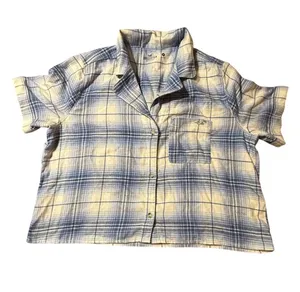 Hollister Plaid Cropped Button Up Shirt Medium M Blue Cream Boxy Short Sleeve thumbnail 1