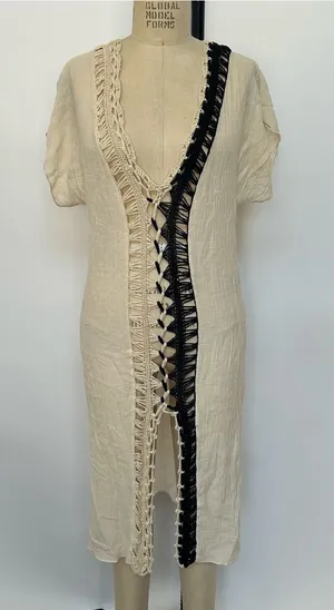 Cream Crochet Trim V-Neck Coverup with Black Accent thumbnail 1