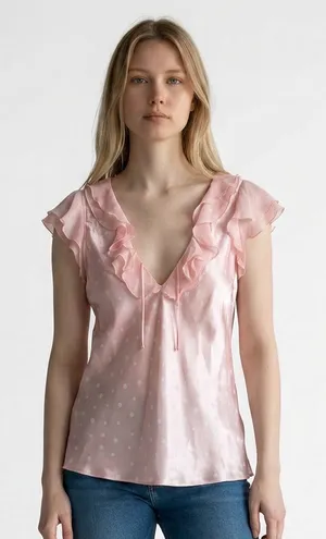 Oscar de la Renta Pink Label Polka Dot Satin‎ Ruffle V-Neck Y2K Top Pink Medium thumbnail 1