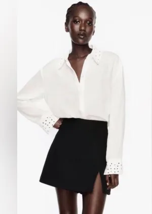 NWT ZARA Embellished Long Sleeve Chiffon Button Up Shirt White Medium thumbnail 2