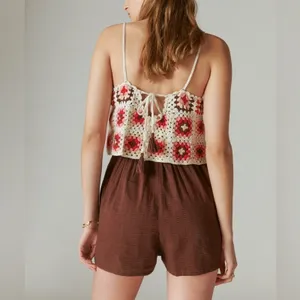 Lucky Brand Crochet Romper Pink Granny Square Boho Coachella Festival Size M NWT thumbnail 3