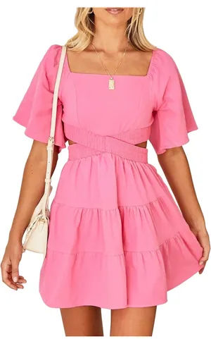 Amazon Womens Summer Dresses 2026 Short-Sleeve Square Neck Mini Dress Crossover Elastic Waist Casual Party Tiered Dress thumbnail 1