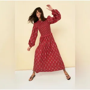 Sonmer Camila Dress Womens Small Burgundy Boho Smocked Eyelet Lace Maxi Floral thumbnail 3