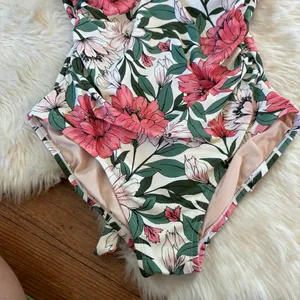 Pink White & Green Floral Open Back Ruched One Piece Swimsuit thumbnail 2