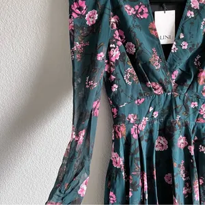 LINI Isabelle Floral Mini Dress Teal Pink Puff‎ Long Sleeve V-Neck Fit & Flare thumbnail 4