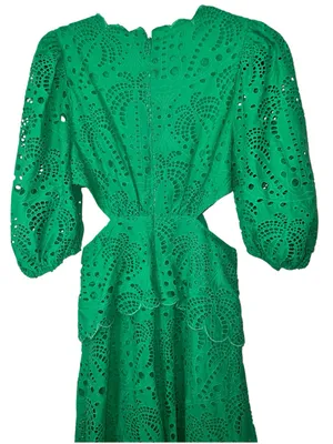 FARM Rio Green Richelieu Cutwork Midi Dress Bright Green Eyelet Cotton Sz M NWT thumbnail 10