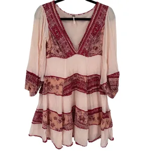 Free People Women's My Love Mini Dress Pink Size XS Boho Pom Pom Balloon Sleeves thumbnail 3
