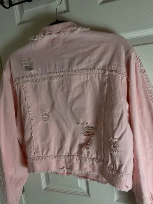 POL Pink Blush Denim Jacket with Sequin Lace Sleeves & Raw Hem - Sz L thumbnail 7