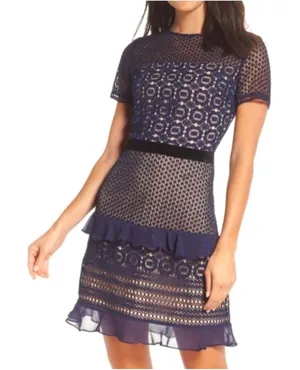 Chelsea28 Navy Lace Sheath Dress Velvet Belt Ruffle Hem Cocktail Wedding Guest‎ thumbnail 1