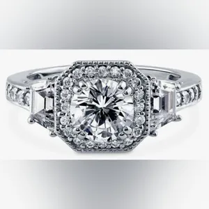 Sterling Silver Round Cubic Zirconia Halo Art Deco Ring (5) thumbnail 3