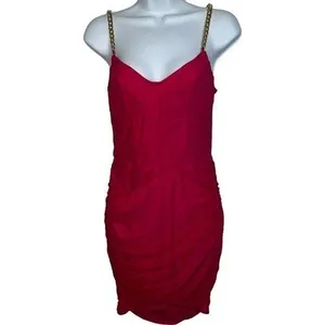 PRETTYLITTLETHING Hot Pink Ruched Bodycon‎ Mini Dress Gold Chain Straps NWT 6 thumbnail 2