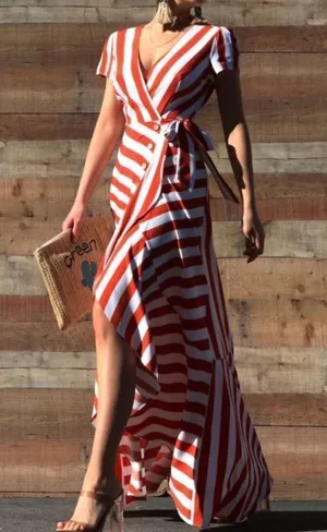 Bamboo Apparel striped adjustable waist wrap ruffle maxi dress size Med NWOT thumbnail 1